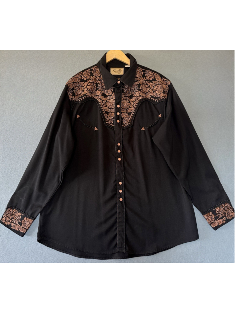 Scully Men's XXL Black Copper Embroidered Western Pearl Snap Shirt Rodeo Cowboy